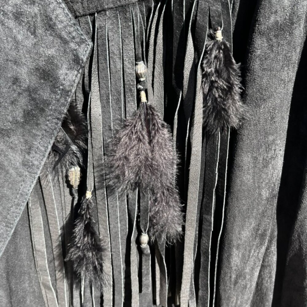 Women's Vintage (90s) Black Leather Fringe Western Duster - Picture 6 of 10
